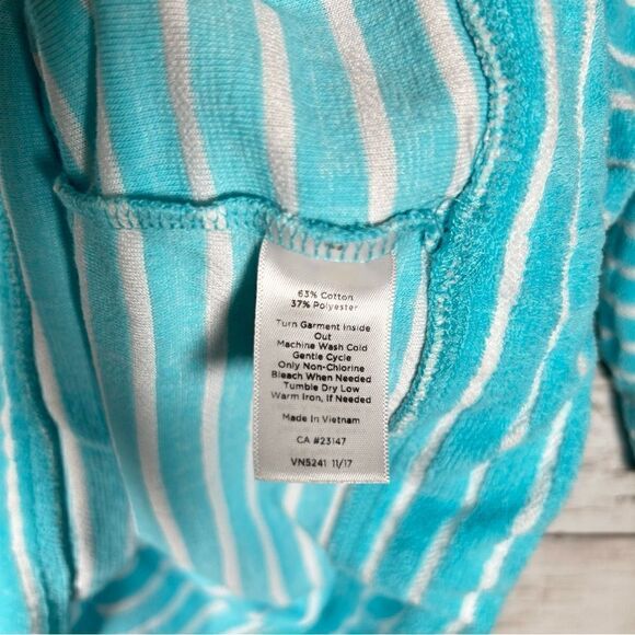 TALBOTS Striped Terry Cloth Top Drawstring Hem Turquoise White MP - Picture 7 of 7